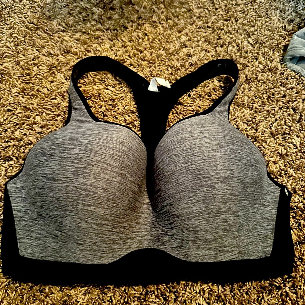 Gray and black razor back sports bra
